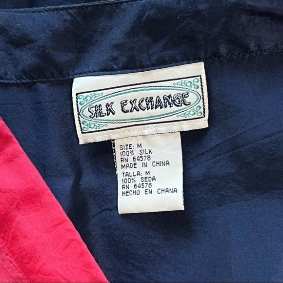 VINTAGE 90s Silk Colorblock Oversized V-Neck Short Sleeve Boxy Button Up Top M - Picture 3 of 4